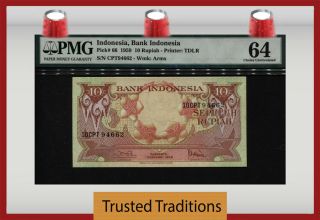 Tt Pk 66 1959 Indonesia Bank Indonesia 10 Rupiah " Cockatoos " Pmg 64 Choice Unc