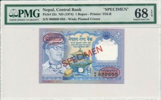 Central Bank Nepal 1 Rupee Nd (1974) Specimen Pmg 68epq
