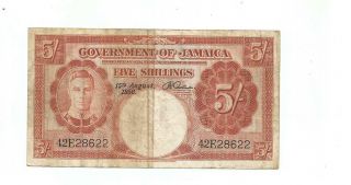Jamaica.  5 Shillings Banknote.  Cameo Kgvi.  Pineapple Watermark.