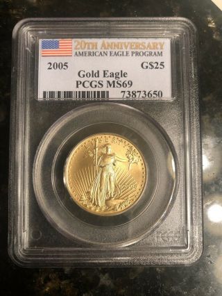 2005 American Gold Eagle $25 - 20th Anniversary 1/2 Oz - Pcgs Ms 69