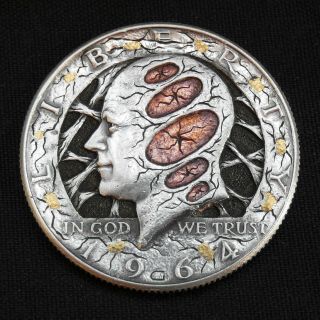 Hobo Nickel Mutation Hand Carved Half Dollar Silver Coin W Gold And Copper Inlay