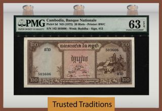 Tt Pk 5d Nd (1972) Cambodia Banque Nationale 20 Riels Pmg 63 Epq Choice Unc
