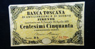 1870 Italy Kingdom Banknote 50 Centesimi Aunc Banca Toscana