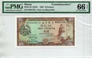 Macau Bnu Dez Patacas 1988 Commemorative Note In Pmg 66 Epq