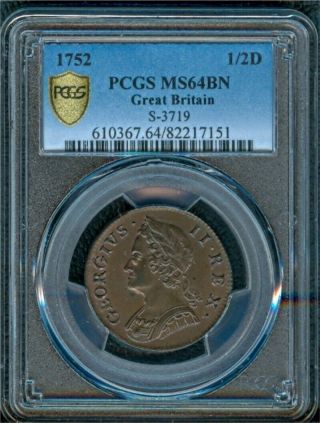 1752 George Ii Half Penny,  Pcgs Ms64