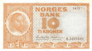 Norway 10 Kroner 1972 Series H Circulated Banknote Wkr