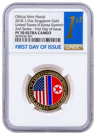 2018 Singapore Us Korea Summit 1/2 Oz Gold Proof Medal Ngc Pf70 Uc Sku55950
