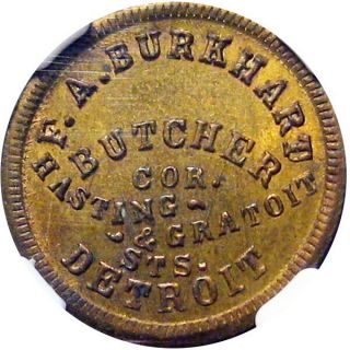 1863 Detroit Michigan Civil War Token Burkhart Butcher Brass R8 Ngc Ms64