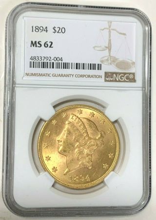 1894 $20 Double Eagle Gold Coin Ngc Graded Ms 62 Priced Right