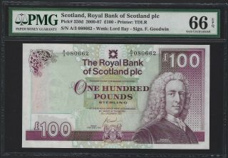 2007 Scotland 100 Pounds,  Royal Bank P - 350d Scarce,  Pmg 66 Epq Gem Unc,  Pretty