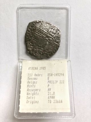 1622 Atocha Shipwreck Mel Fisher 8 Reale Silver Coin,  Grade 3,  21.  8 Grams