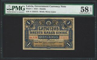1919 Latvia 1 Rublis,  P - 1,  Pmg 58 Epq,  Choice Aunc,  Very Rare Grade 1st Note