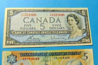 2 Bank of Canada 5 Dollar Notes - 1954 & 1972 2