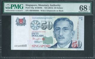Singapore $50 P49g 2014 4hf 008888 Almost Solid Serial Number Pmg 68 Epq