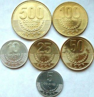 Costa Rica Set Of 6 Coins,  5,  10,  25,  50,  100,  500 Colones,  Unc