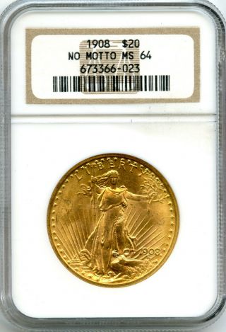1908 No Motto $20 Gold Saint Gaudens Double Eagle Pcgs Ms 64