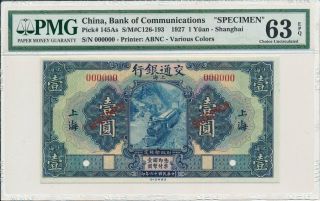 Bank Of Communications China 1 Yuan 1927 Specimen,  Shanghai,  Rare Pmg 63epq