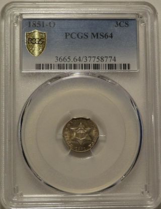 1851 - O 3cs Pcgs Ms 64 Gem Uncirculated Orleans Three Cent Silver Coin