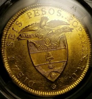 1838 Popayan (ru) - 16 Pesos Gold Coin From Colombia - Pcgs Unc Detail