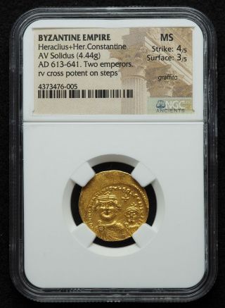 ​Heraclius,  with Heraclius Constantine.  610 - 641.  Gold Solidus,  NGC MS State 3