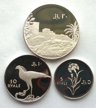 Oman 1971 Exile Gov.  5,  10,  20 Rials Set 3 Silver Coins,  Proof