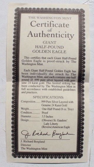 Washington Set of 8 x Half - Pound Golden Eagle Coins.  999 SILVER w/ 24K 12