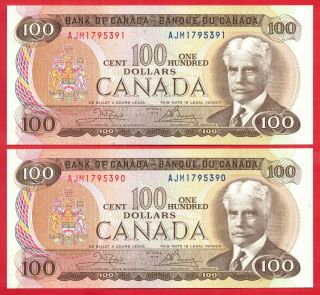 1975 $100 Bank Of Canada Note Ajm Prefix - 2 Consecutive - Ch Unc