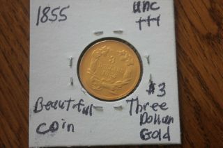 1855 Unc,  Indian Princess $3 Gold Coin