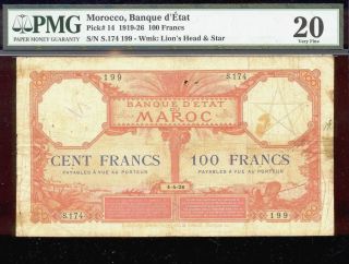 Bucksless 1786:pmg20 Morocco 100 Fr 1926,  Scarce In Any Grade.  France,  Spain