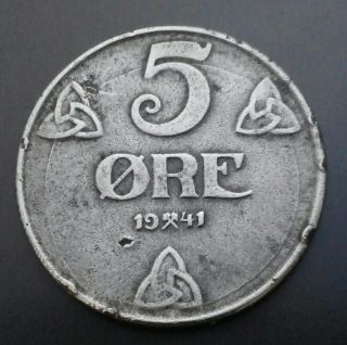 Norway 5 Ore 1941.  Km 388.  Iron Five Cents Coin.  Haakon Vii.  German Occupation.
