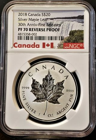2018 Pf 70 Reverse Proof 1st Releases Canada $20 Silver Maple Leaf 30th Anniv.