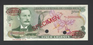 Costa Rica 5 Colones Nd (1968 - 92) P236s Specimen Tdlr N015 Uncirculated