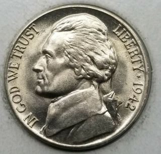 1942 D Jefferson Nickel,  Type 1,  Uncirculated,  Mintage Of 13.  9 Mil,  Scarce