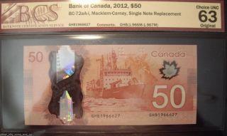 Canada 2012 Bc - 72aa - I $50 Snr Replacement Ghb1966627 - Bcs Unc - 63