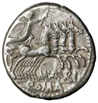 C Aburius Geminus Ar Denarius " Helmeted Roma & Mars,  Quadriga " 134 Bc Vf