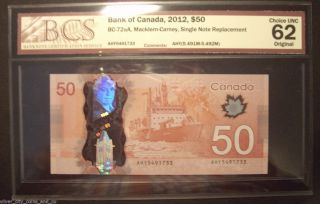 Canada 2012 Bc - 72aa $50 Snr Replacement Ahy5491733 - Bcs Unc - 62