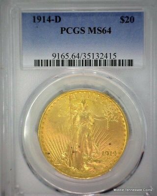 PCGS MS64 1914 - D Saint Gaudens Double Eagle Gold Coin 3