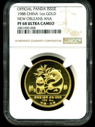 China 1988 1 Oz Gold Panda Pf 68 Ultra Cameo Ngc Orleans Ana 2801900 - 008