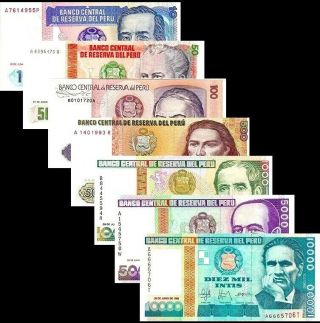 Peru 1987 - 88,  10/50/100/500/1000/5000/10000 Intis,  Banknote Set Of 7 Unc