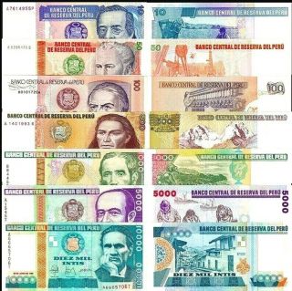 Peru 1987 - 88,  10/50/100/500/1000/5000/10000 Intis,  Banknote set of 7 UNC 2