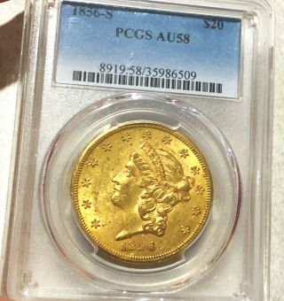 1856 - S Gold $20 Double Eagle Pcgs - Au58 90 Gold Authentic Uncommon Type Coin
