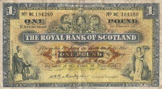 Scotland Royal Bank 1 Pound Banknote 1.  2.  1961 P.  324b Very Good