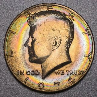 1974 Kennedy Half Dollar 50c - Gem Uncirculated - Colorful Rainbow Album Toning