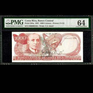 Costa Rica 1000 Colones 1997 Autographed Low Serial Pmg 64 Uncirculated P - 264a