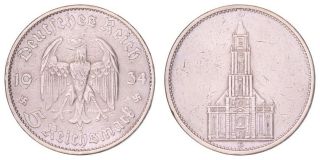 Fc.  077} Germany 3rd Reich 5 Reichsmark 1934d / Nazi Swastika / Silver / Vf