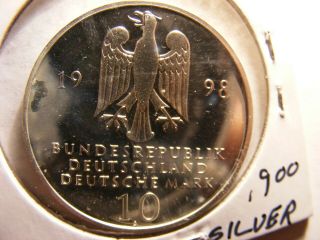 Germany 1998 - A Silver 10 Mark Proof With Slight Tone,  Km 194,  One Year Type
