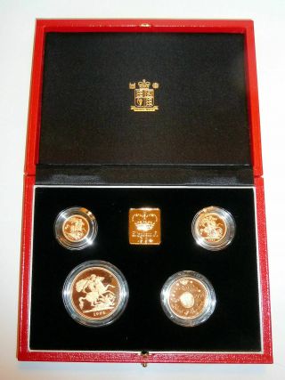 1994 English Sovereign Proof Set 4 Coin Gold W.  Orig.  Box & Papers