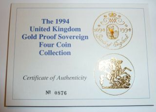 1994 ENGLISH SOVEREIGN Proof Set 4 Coin GOLD w.  Orig.  Box & Papers 4