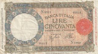 Italy 50 Lire Banknote 1942 P.  58 Fine