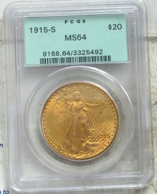 1915 - S $20 Saint Gaudens Gold Coin.  Pcgs Ms 64 (green Label)